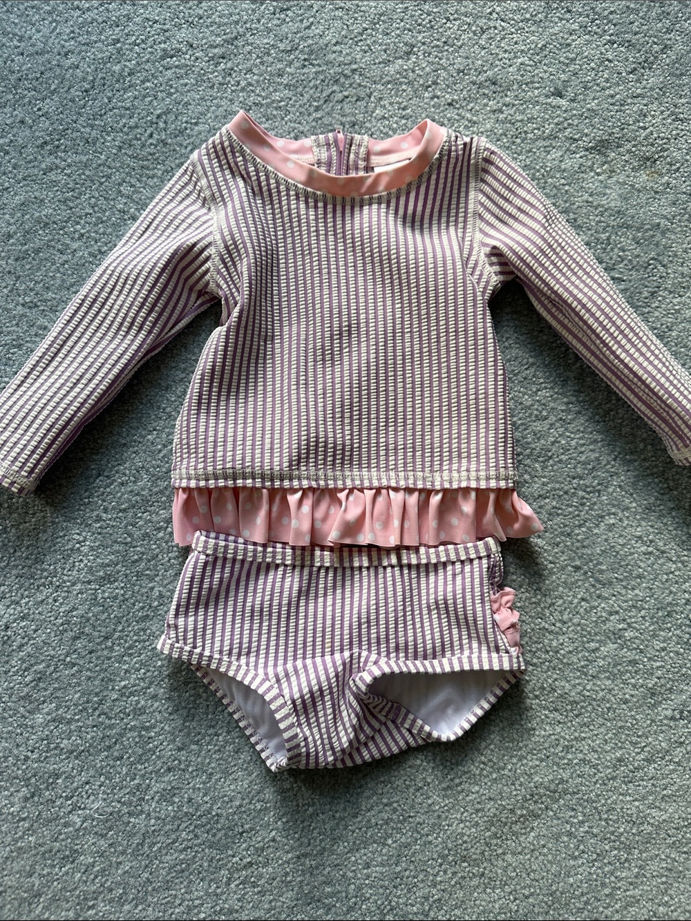 Ruffle Butts Pink and White Striped Rash Guard Set with Ruffle
